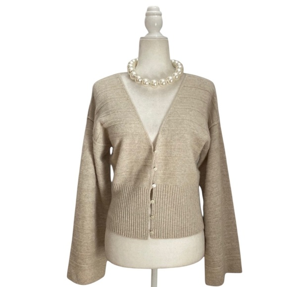 Club Monaco Cashmere Cardigan Sweater NWT Ribbed Bell Sleeves in Creamy Beige - Picture 11 of 11